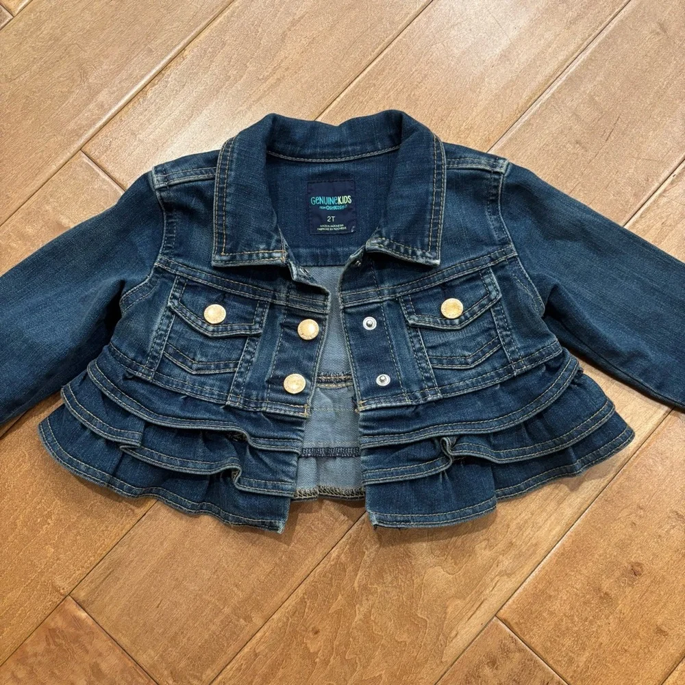 Genuine Kids Oshkosh Girls Toddler Blue Denim Jean Ruffle Snap Front Jacket 2T